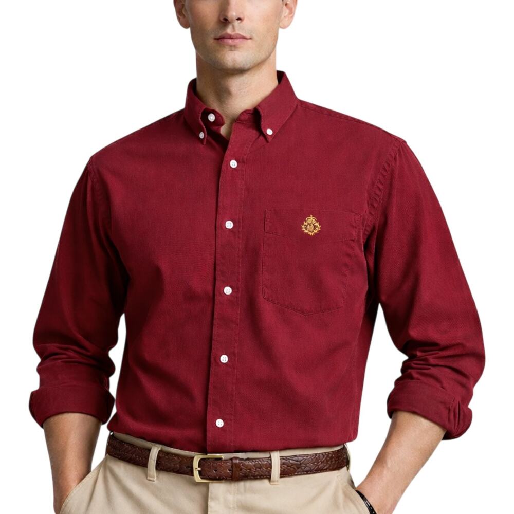 Ralph Lauren LRL Mens Button Down Shirt L Burgundy Red Cotton Logo Vtg Retro 90s